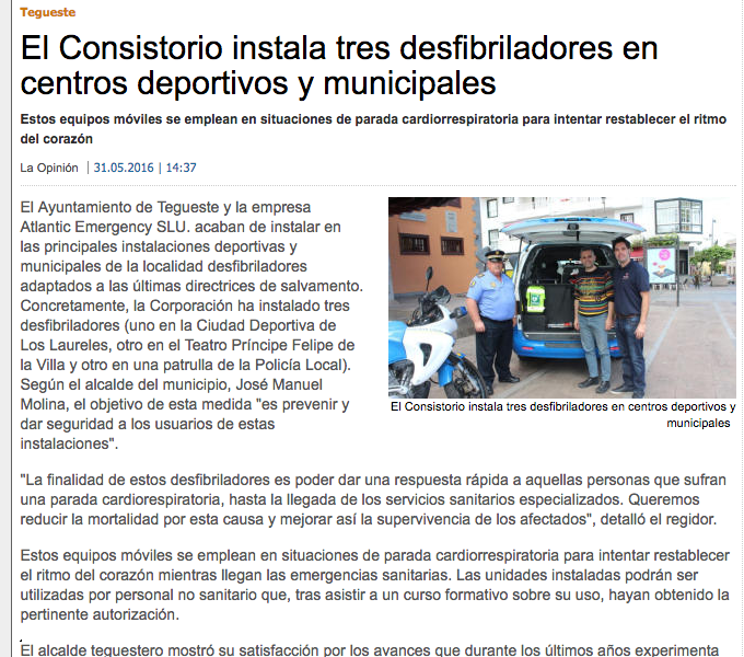 EL CONSISTORIO INSTALA TRES DESFIBRILADORES EN CENTROS DEPORTIVOS Y MUNICIPALES